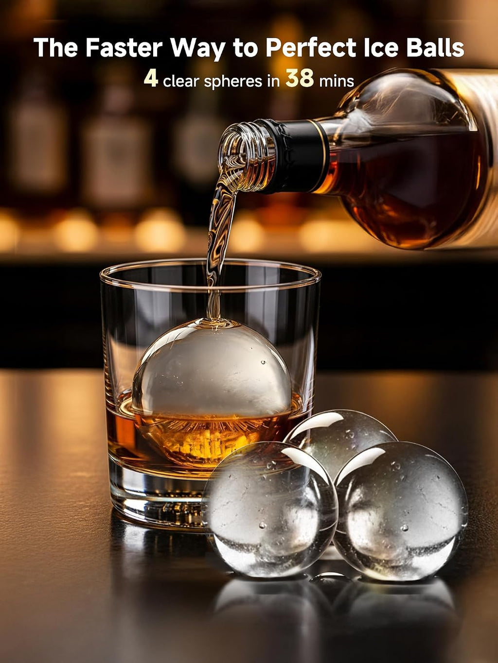 2' Clear Ice Ball Maker with ClearCore Technology, 150 pcs/Day, 4 pcs in 38 Mins, Sphere Ice Maker with Enhanced Insulation, Self-Cleaning, Automatic Water Supply for Whiskey & Bourbon