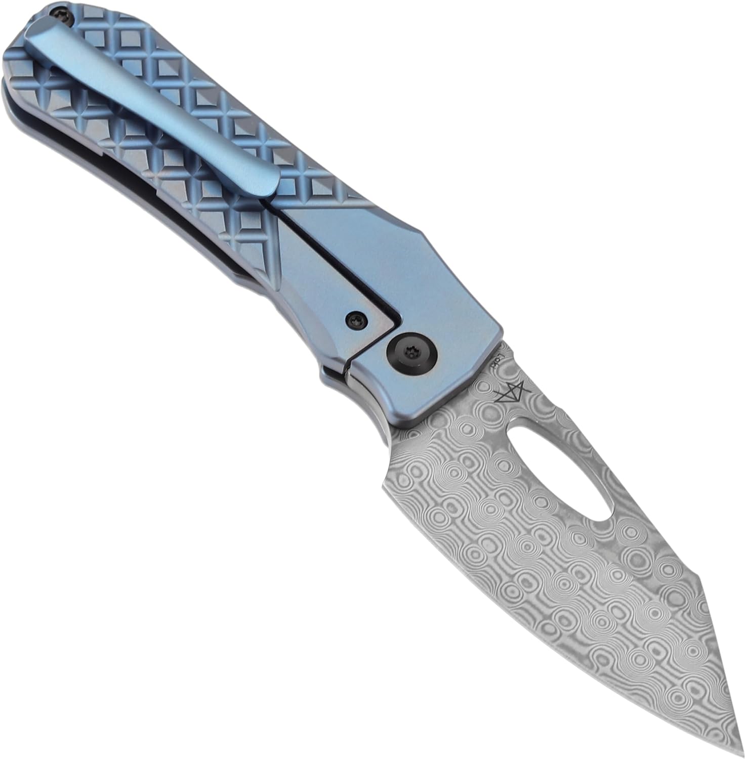 KANSEPT Loki Pocket Knife, 2.99'' Damascus Blade, Blue Anodized Titanium with Frag Pattern Handle, Everyday Carry K1058B7