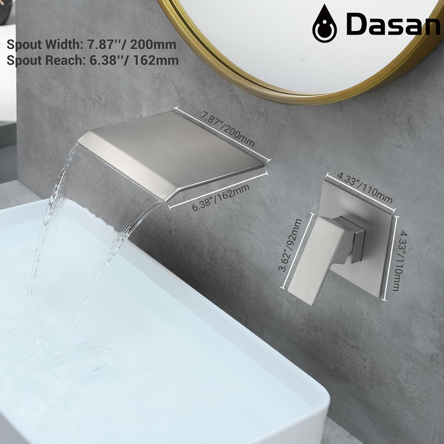 DASAN Wall Mount Waterfall Bathroom Faucet Brushed Nickel in Wall Sink Faucet, Single Handle Wall Mounted Modern Faucet for Bathroom with Upgraded Rough in Valve, DA-TFD3BN-NH