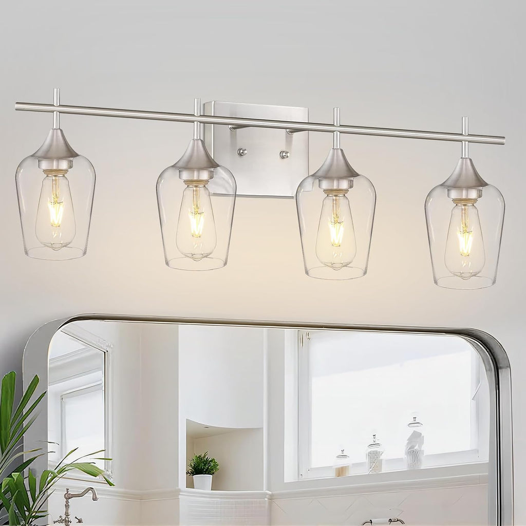4-Light Bathroom Lighting Fixtures Over Mirror, 24 Inch Brushed Nickel Vanity Lights with Clear Glass, Modern Bath Wall Sconce Lighting for Bathroom, WL9167-4C