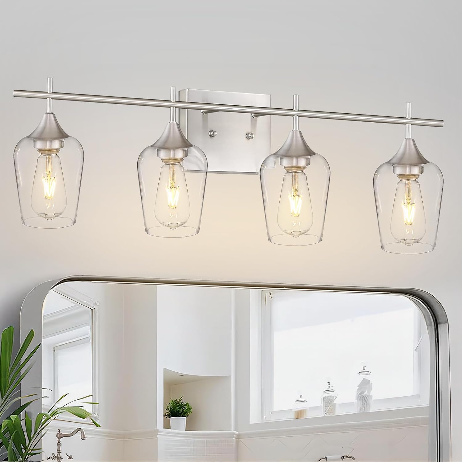 4-Light Bathroom Lighting Fixtures Over Mirror, 24 Inch Brushed Nickel Vanity Lights with Clear Glass, Modern Bath Wall Sconce Lighting for Bathroom, WL9167-4C