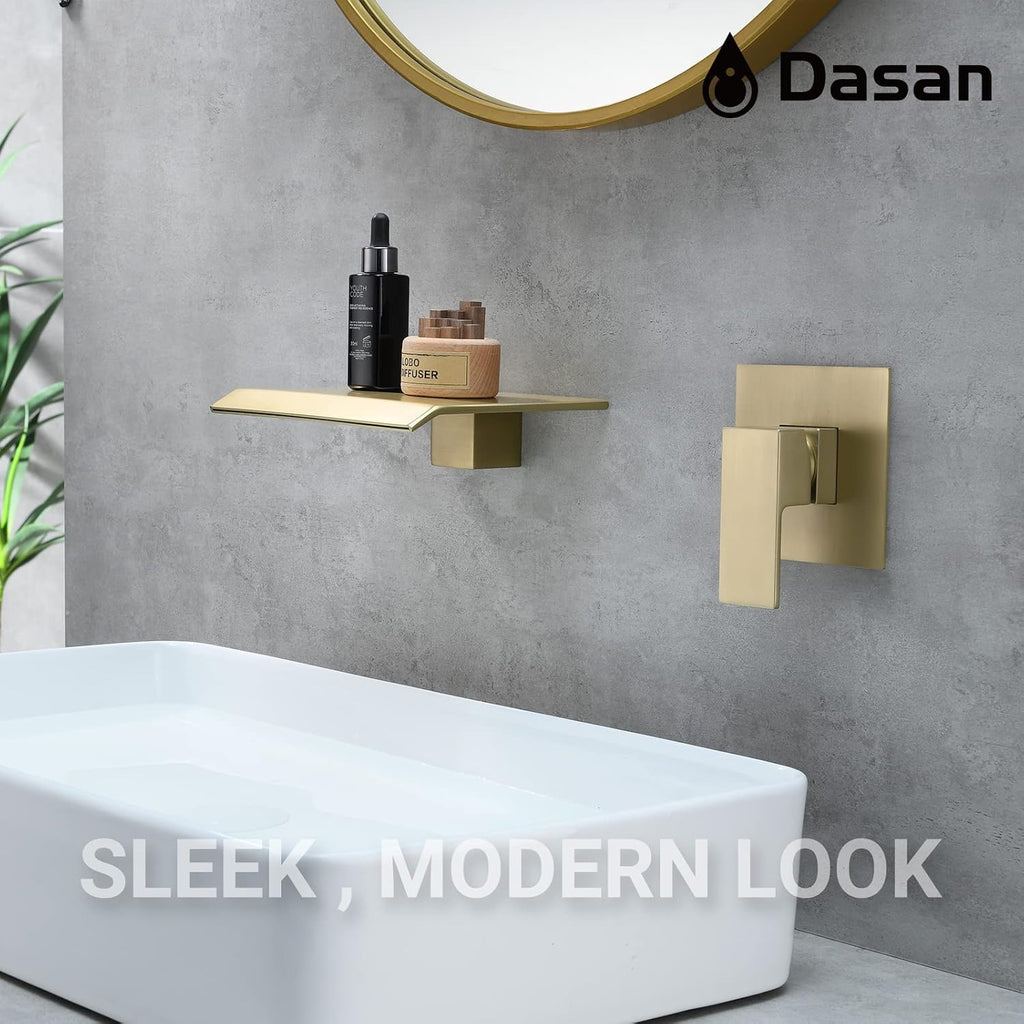 DASAN Wall Mount Waterfall Bathroom Faucet Brushed Gold in Wall Sink Faucet, Single Handle Wall Mounted Modern Faucet for Bathroom with Upgraded Rough in Valve, DA-TFD3BG-NH