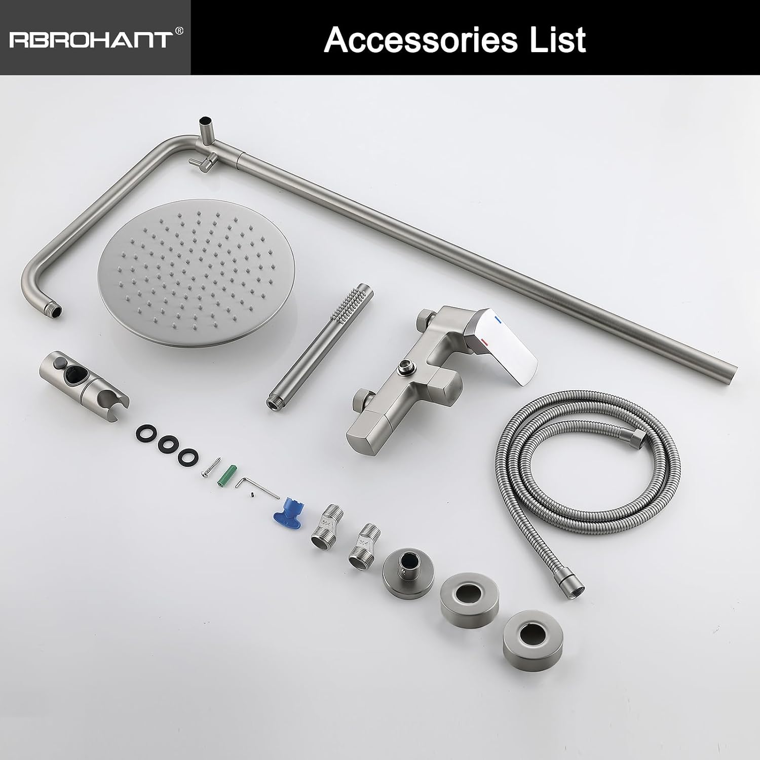 RBROHANT Exposed Shower System with Tub Spout, Brushed Nickel Exposed Pipe Shower Faucet with 3 Functions Brass Shower Valve, Shower Height Adjustable, Wall Mounted