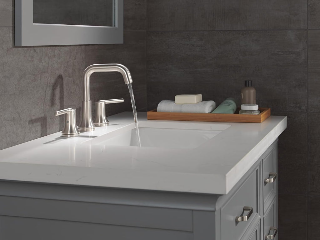 Delta Trinsic U-Spout Widespread Bathroom Faucet, Brushed Nickel 3-Hole Bathroom Sink Faucet, Metal Push-Pop Drain Assembly, Stainless 3554-SSMPU-DST