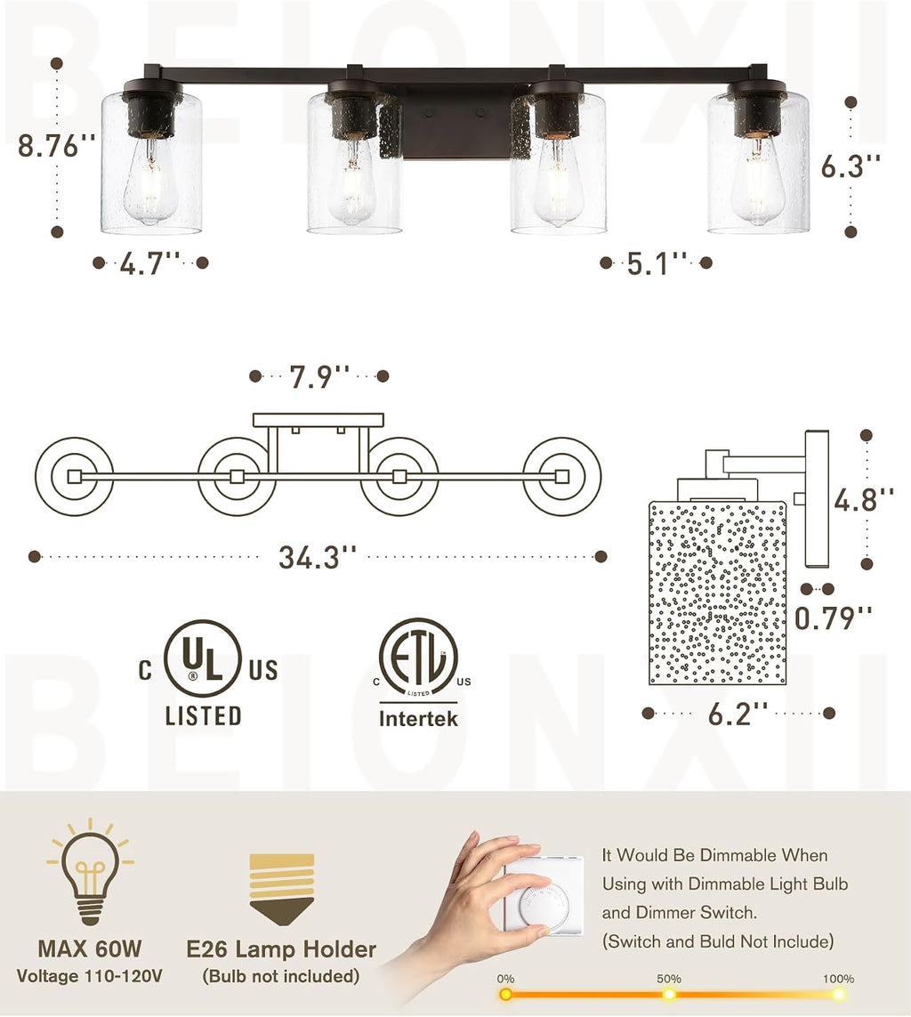 Beionxii Bathroom Vanity Lights, 4-Light Vintage Wall Sconce Light Fixtures, Oil Rubbed Bronze Finish with Clear Seeded Glass - MB9002 Series