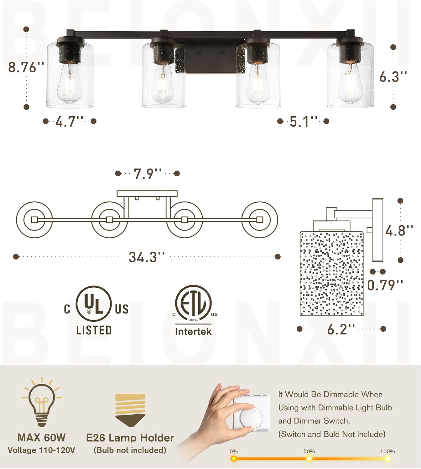 Beionxii Bathroom Vanity Lights, 4-Light Vintage Wall Sconce Light Fixtures, Oil Rubbed Bronze Finish with Clear Seeded Glass - MB9002 Series