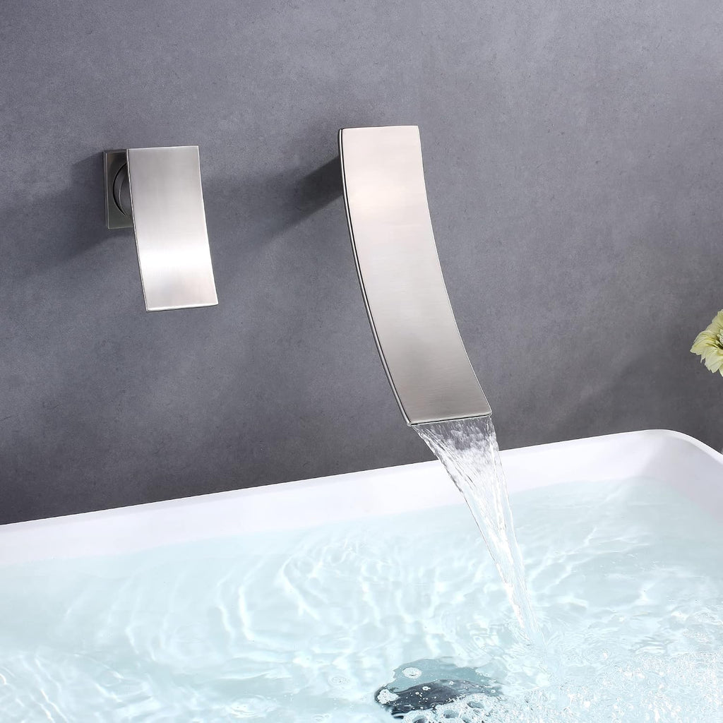 SUMERAIN Wall Mount Brushed Nickel Waterfall Bathroom Faucet | Left-Handed Design, Lavatory Faucet, for Basin, Single Handle, Valve Included