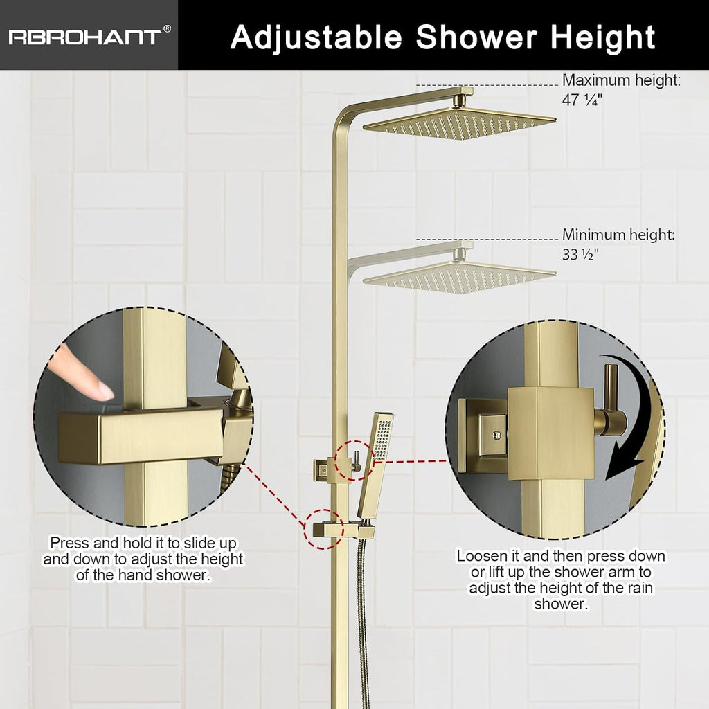 RBROHANT Brushed Gold Exposed Shower System with Tub Spout, Exposed Shower Fixtures for Bathroom with Brass 3-Functional Valve, Shower Height Adjustable, Wall Mounted