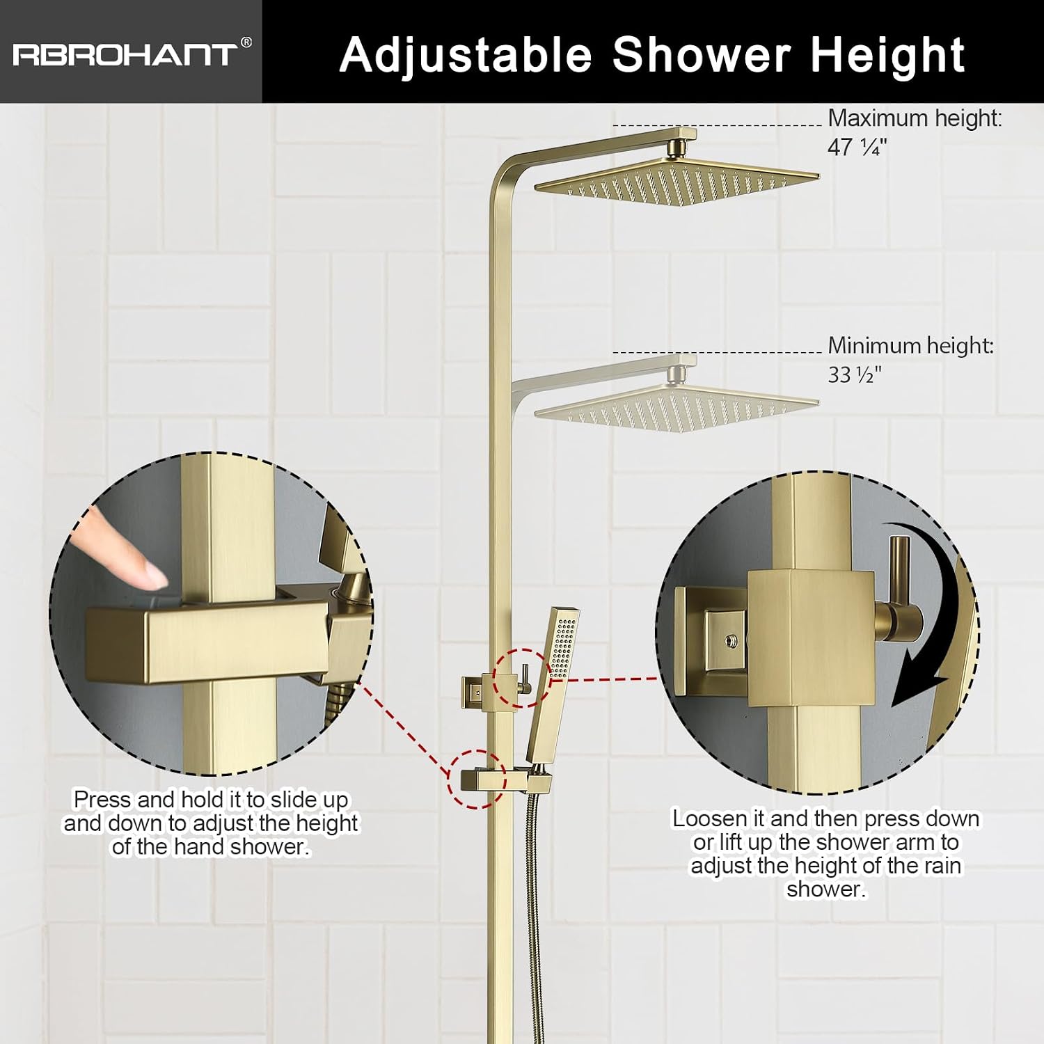 RBROHANT Brushed Gold Exposed Shower System with Tub Spout, Exposed Shower Fixtures for Bathroom with Brass 3-Functional Valve, Shower Height Adjustable, Wall Mounted