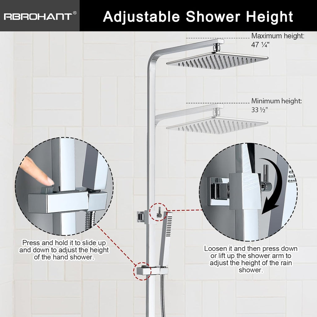 RBROHANT Polished Chrome Exposed Shower System with Tub Spout, Exposed Shower Fixtures for Bathroom with Brass 3-Functional Valve, Height Adjustable, Wall Mounted
