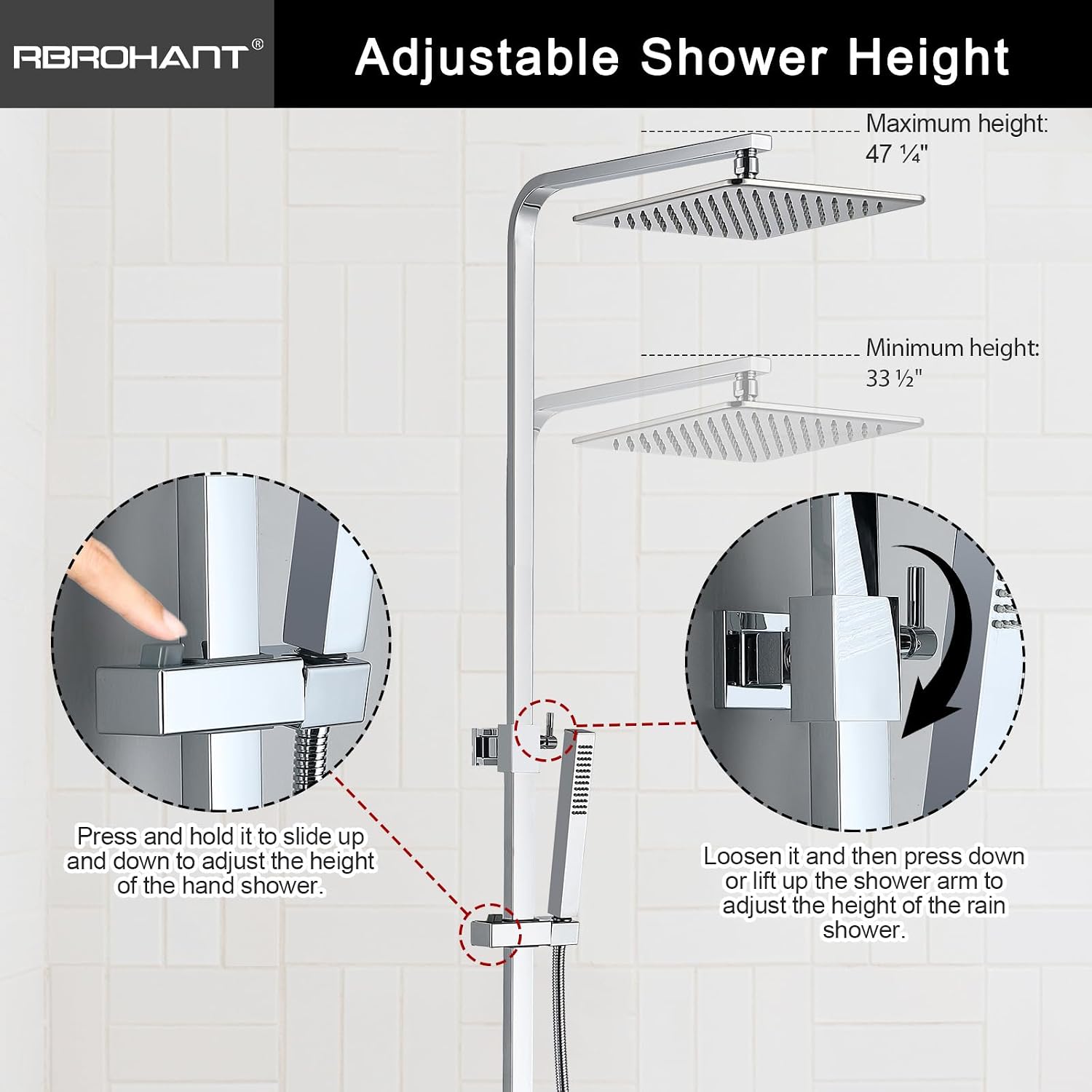 RBROHANT Polished Chrome Exposed Shower System with Tub Spout, Exposed Shower Fixtures for Bathroom with Brass 3-Functional Valve, Height Adjustable, Wall Mounted