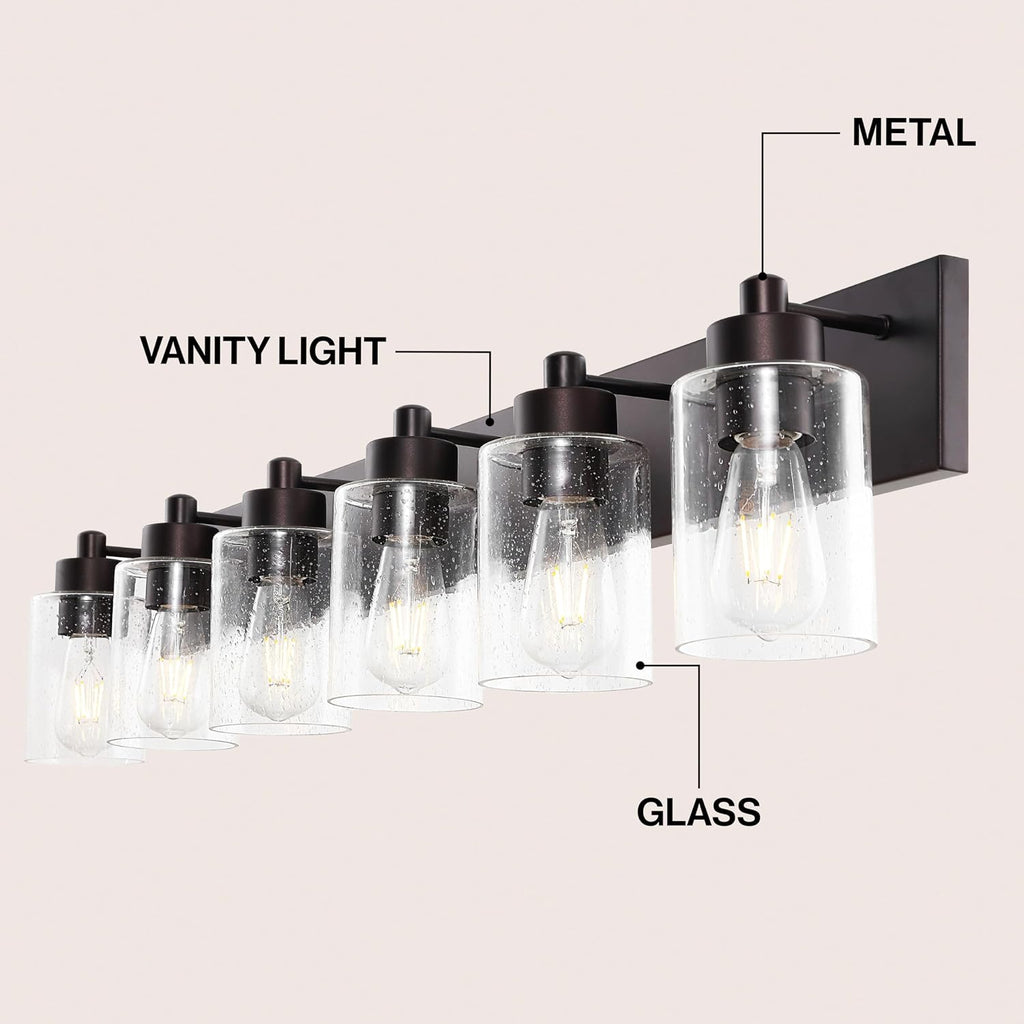 JONATHAN Y 40' Oil Rubbed Bronze/Clear 6-Light Modern LED Vanity Light for Bathroom Mirror, Mid-Century Wall Sconce with Clear Seeded Glass Shades, Contemporary Iron Fixture, LED Bulbs (JYL7621E)