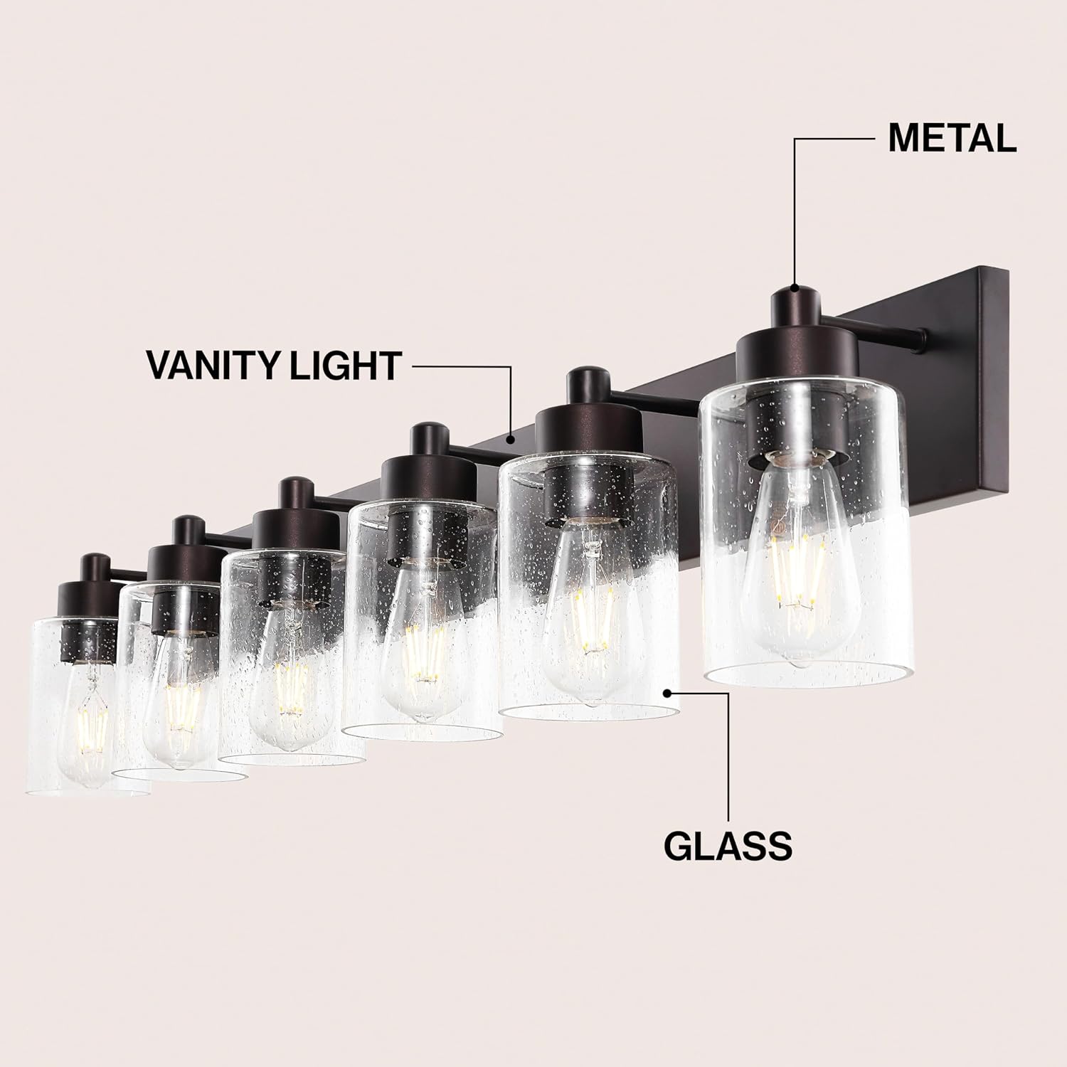JONATHAN Y 40' Oil Rubbed Bronze/Clear 6-Light Modern LED Vanity Light for Bathroom Mirror, Mid-Century Wall Sconce with Clear Seeded Glass Shades, Contemporary Iron Fixture, LED Bulbs (JYL7621E)