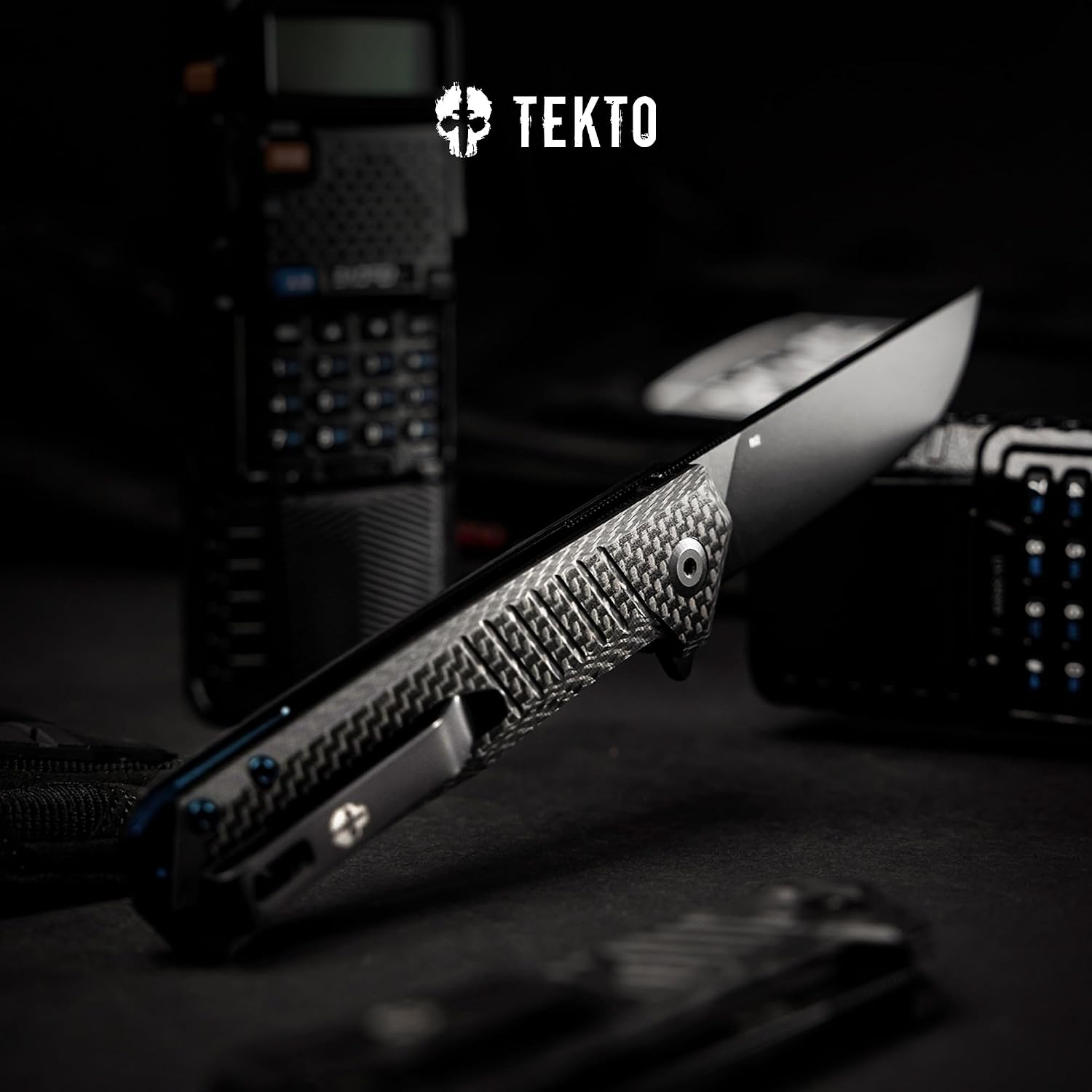 TEKTO F1 Alpha Folding Pocket Knife - Modified Straight Back Blade, Titanium Coated D2 Steel, Tactical Knife, EDC Folding Pocket Knives for Camping, Hunting & Backpacking - Carbon Fiber, Blue Accents