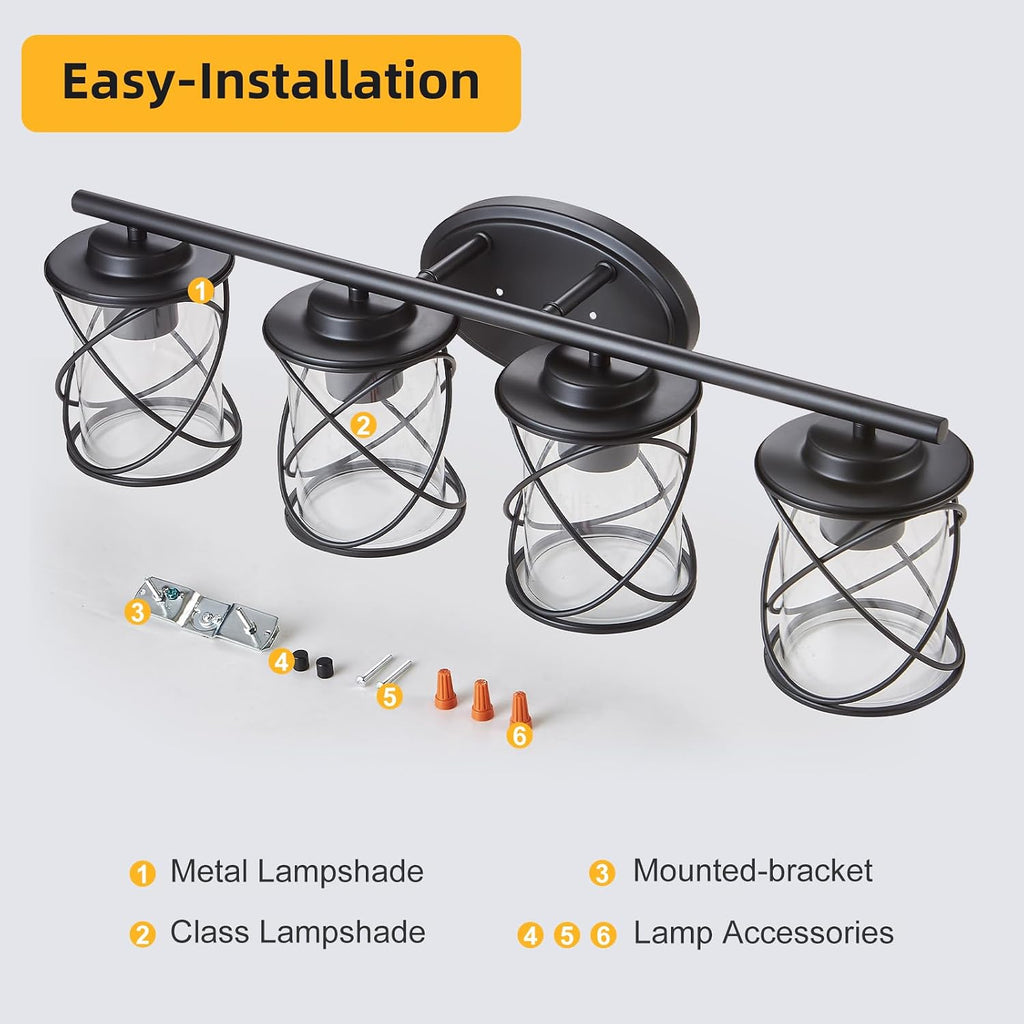 mavcadonf 4-Lights Bathroom Vanity Lights, Bathroom Light Fixtures Over Mirror, Matte Black Vanity Light, Farmhouse Wall Lights with Clear Glass Shade, Bathroom Wall Lamp for Mirror Kitchen Bedroom
