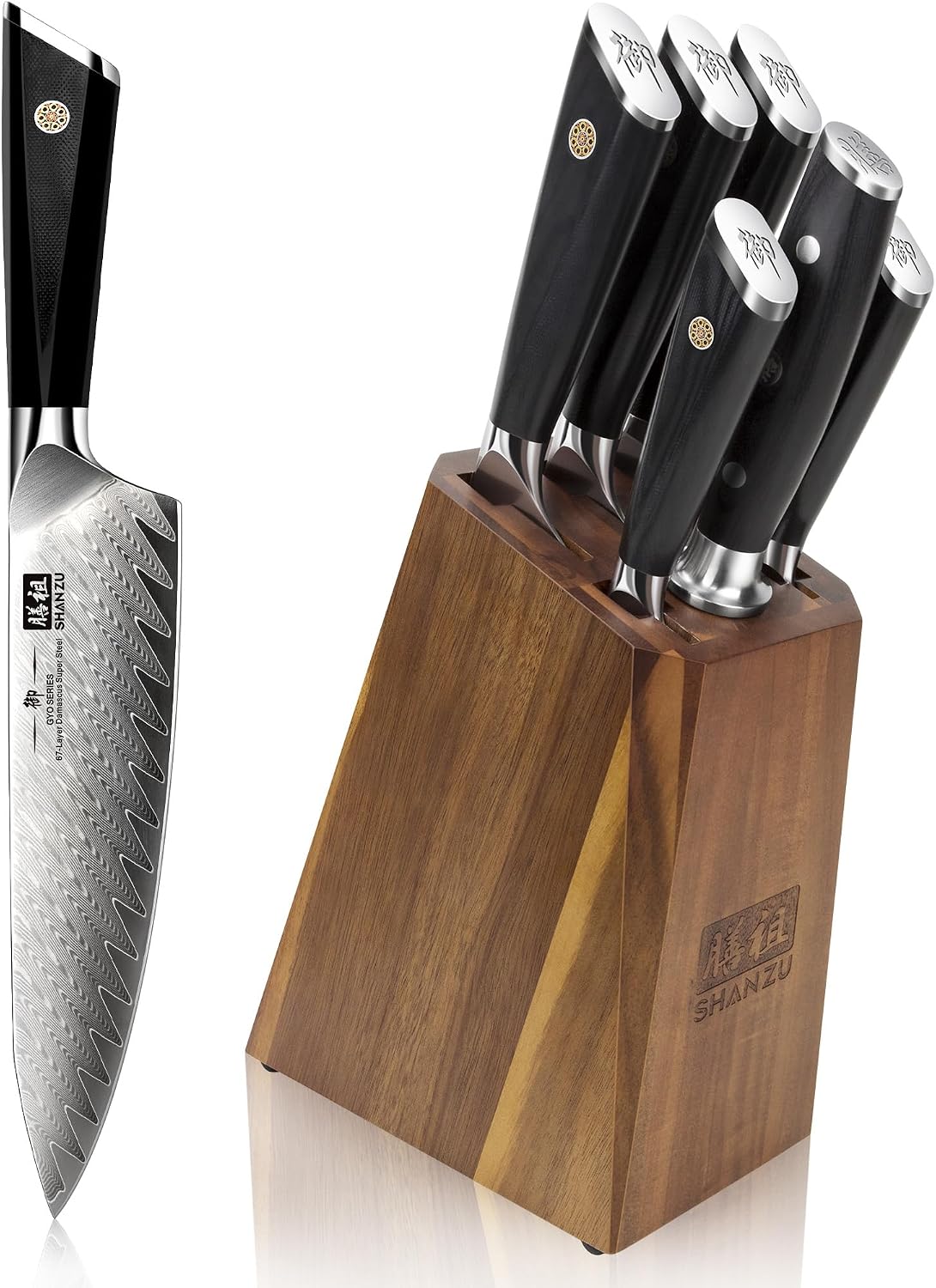 SHAN ZU Damascus Kitchen Knife Set, 7-Piece Professional Knife Sets for Chefs, Japanese 10Cr15CoMoV Super Steel With G10 Handle Knife Block Set, GYO Series