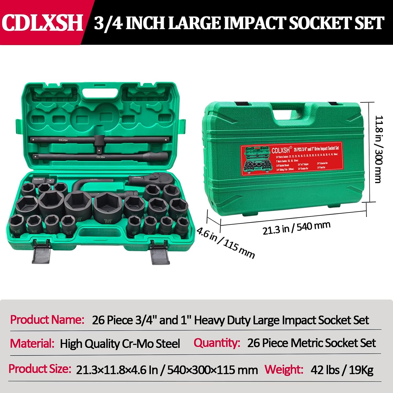 3/4' and 1' Impact Socket Set, Standard 6 Point Metric Deep Drive Sockets 21-50 mm and 55-65 mm, Cr-Mo Steel, 26Pcs Heavy Duty Large Socket Set with Ratchet Wrench, T Sliding Bar and Dedicated Case
