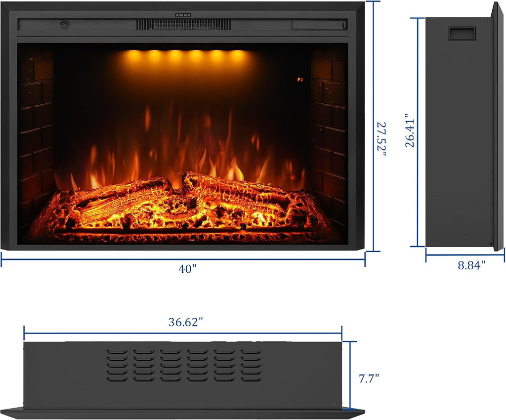 40 inch Wide Electric Fireplace, Wall Fireplace Electric with Remote Control, Realistic Log and Crackling Sound, Overheating Protection and Timer,750/1500W Black