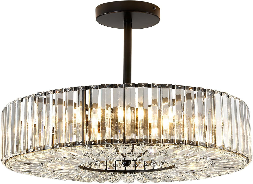 Piepooye 8 Lights Modern Large Crystal Chandelier Black Round Semi Flush Mount Ceiling Light Fixture Farmhouse Chandelier for Dinning Room Living Room Bedroom Hallway Entryway Kitchen