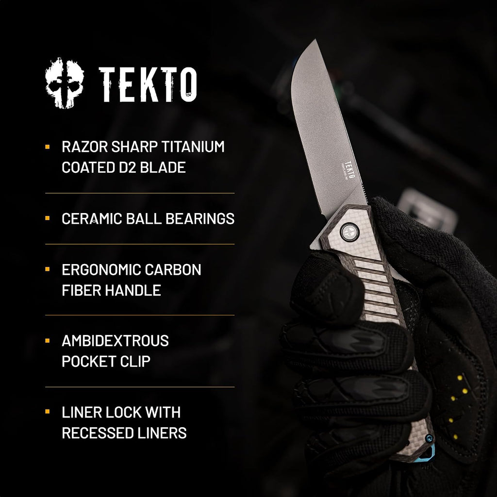 TEKTO F1 Alpha Folding Pocket Knife - Modified Straight Back Blade, Titanium Coated D2 Steel, Tactical Knife, EDC Folding Pocket Knives for Camping, Hunting & Backpacking - Carbon Fiber, Blue Accents