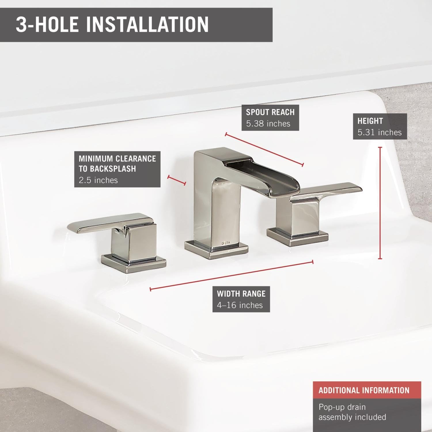 Delta Faucet Ara Widespread Bathroom Faucet Chrome, Bathroom Faucet 3 Hole, Waterfall Faucet, Metal Drain Assembly, Chrome 3568LF-MPU