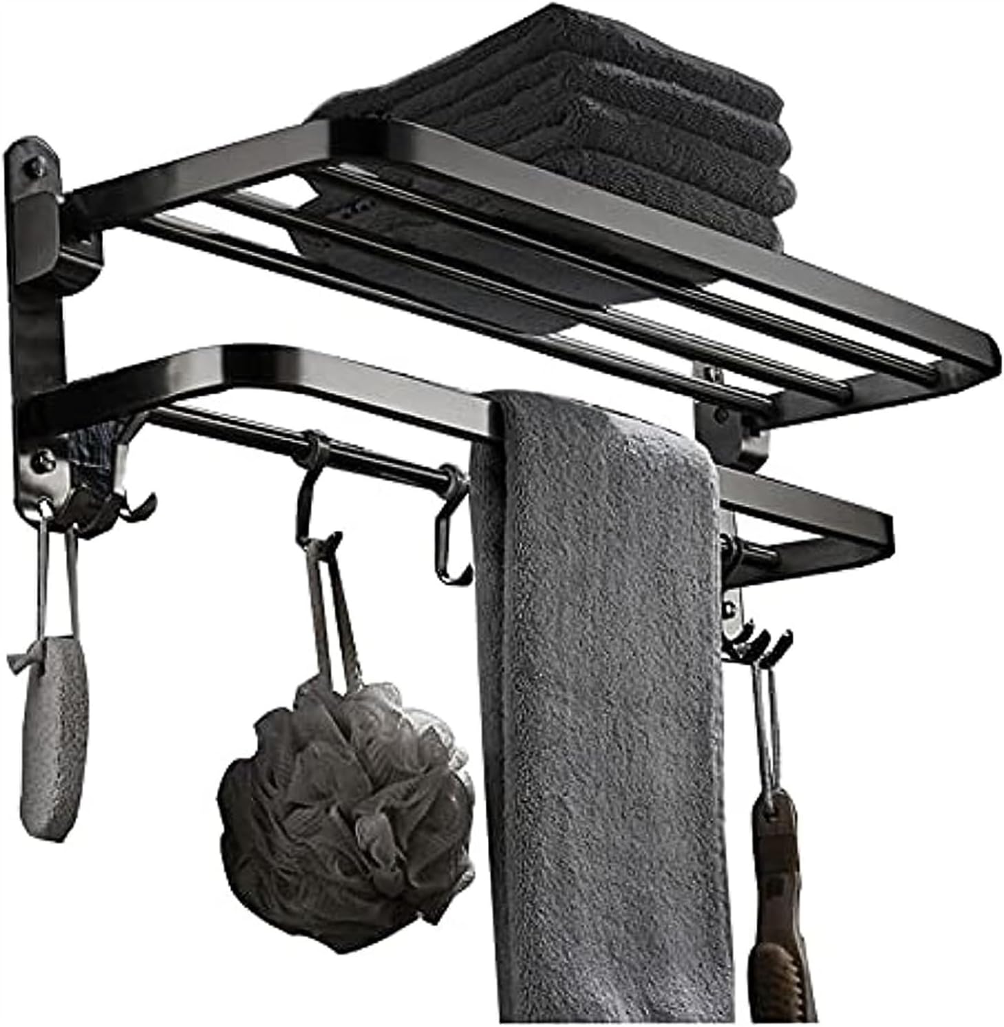 Double Towel Rack with Hook in Bathroom, Wall Mounted, Multifunctional, Foldable Double Layer Rack, Brushed Nickel 304 Stainless Steel (Color: Silver, Size: 60cm) (Color : Silver, Size : 50cm)