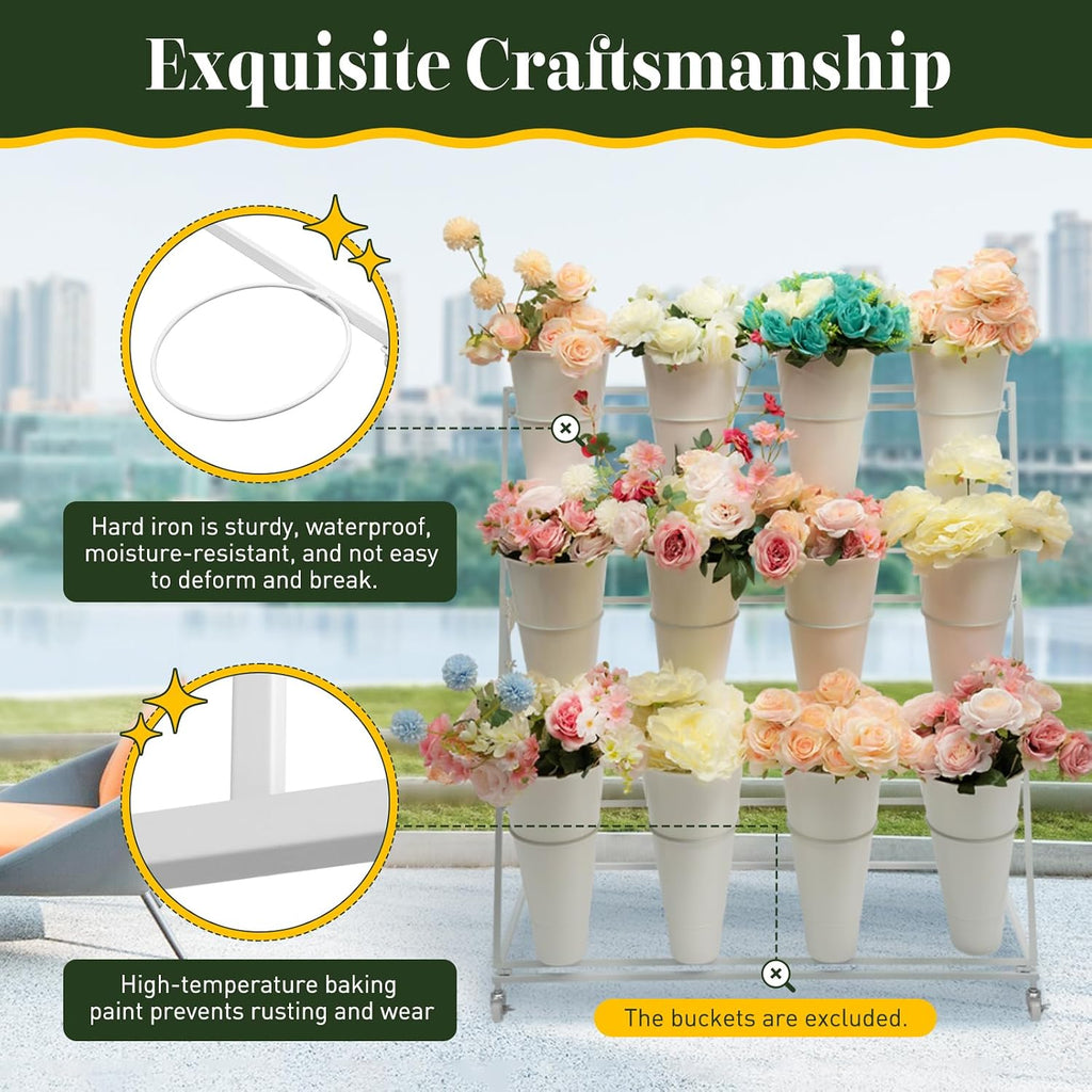 Flower Display Stand with 12Pcs White Round Buckets, 3 Layers White Metal Plant Stand with Wheels, Moving Florist Bouquet Shelf for Fresh Flowers Shop Patio Garden Outdoor Flower Pop-Up Events