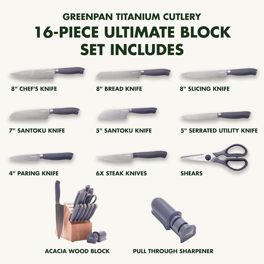 GreenPan 16-Piece Knife Block Set, Professional Stainless Steel Blades with Titanium Coating, Ultra-Sharp Kitchen Cutlery, Chef, Santoku, Bread & Steak Knives, Ergonomic Grip, Slip Resistant, Gray