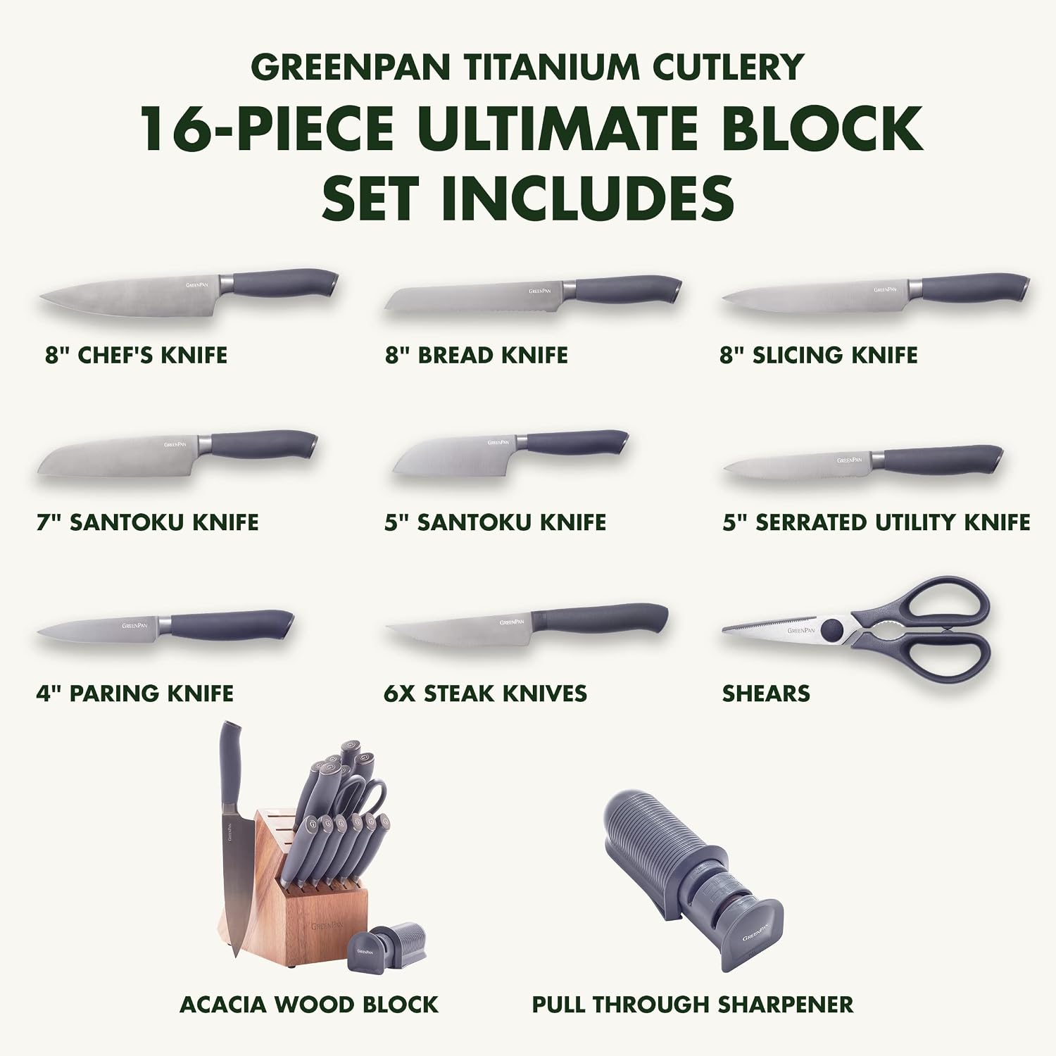 GreenPan 16-Piece Knife Block Set, Professional Stainless Steel Blades with Titanium Coating, Ultra-Sharp Kitchen Cutlery, Chef, Santoku, Bread & Steak Knives, Ergonomic Grip, Slip Resistant, Gray