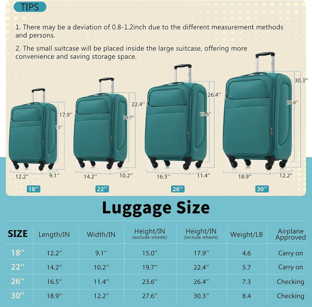 Merax 4 Piece Soft Luggage Set 18/22/26/30,Expandable Suitcase,Blue Green | Suitcase Set with TSA Lock,Spinner Wheels,Telescopic Handle,Front Pocket,Lightweight Travel Luggage for Family Trips