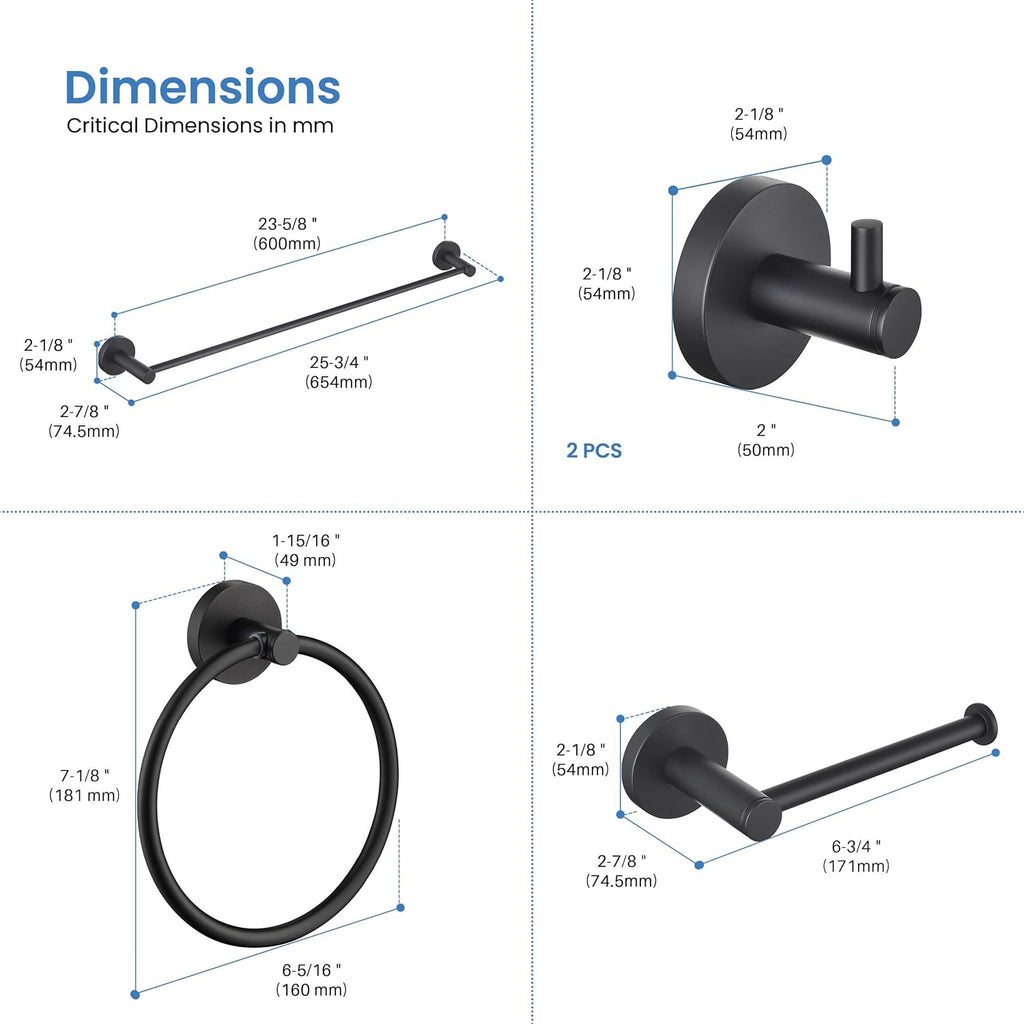 KIBI Circular Bathroom Hardware Set 5-Piece | 24' Towel Bar, Towel Ring, Toilet Paper Holder, 2 Robe Hooks | Wall-Mounted Solid Brass Bathroom Accessories | Matte Black, C-KBA14-5-1