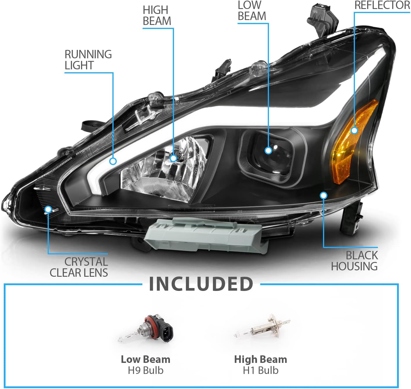 AmeriLite for 2013-2015 Nissan Altima 4 Door Sedan LED Tube Black Square Projector Headlights Set - Passenger and Driver Side