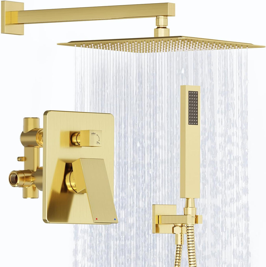 Kurpot Shower System, Gold Shower Faucet Set with Shower Valve and Trim Kit, 12 Inch Rain Shower Head with Handheld Spray, Brushed Gold Shower Head and Handle Set, High Pressure Shower Head System