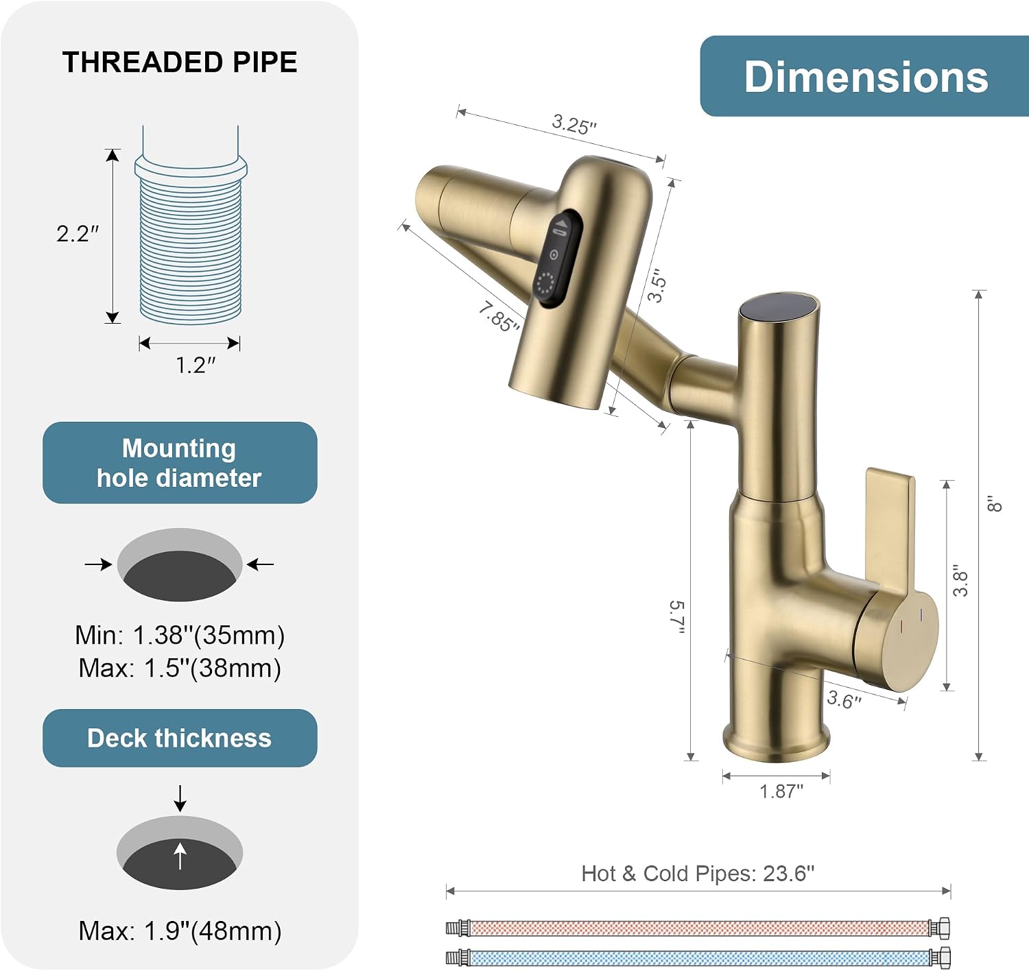 Lefton Rotatable Bathroom Faucet BF2204 with 6' Cover Plate FCP2202, Brushed Gold