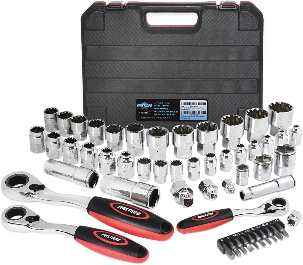 FIRSTINFO 52-Piece Pass Through Socket Set, Low Profile Go-Thru Ratchet Wrench Set, SAE & Metric Spline Sockets, 1/4', 3/8' & 1/2' Drives, for Long Bolts & Damaged Fasteners, F32283
