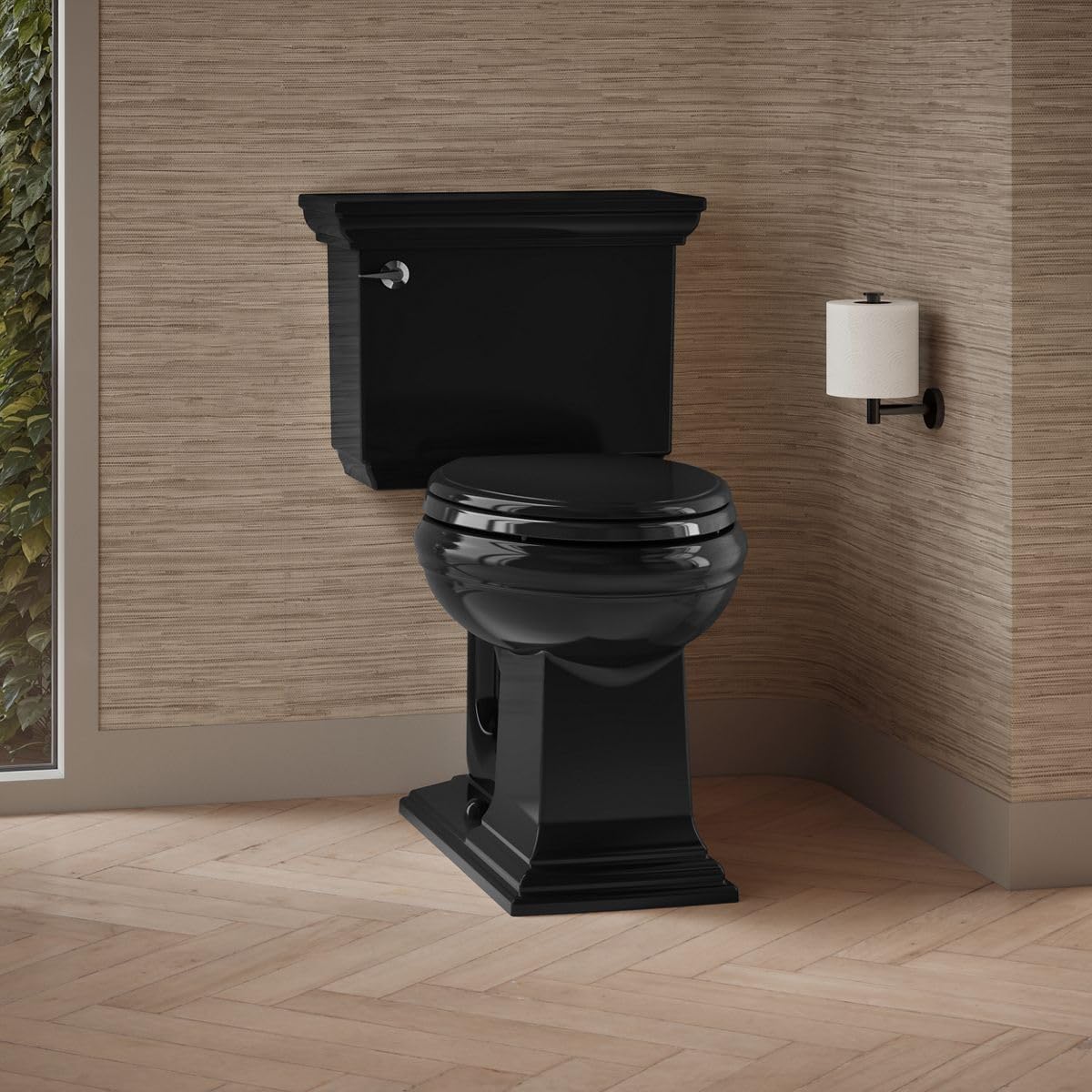 KOHLER K-3817-7 Memoirs Stately Comfort Height Two-Piece Elongated 1.28 GPF Toilet with AquaPiston Flush Technology and Left-Hand Trip Lever, Black Black