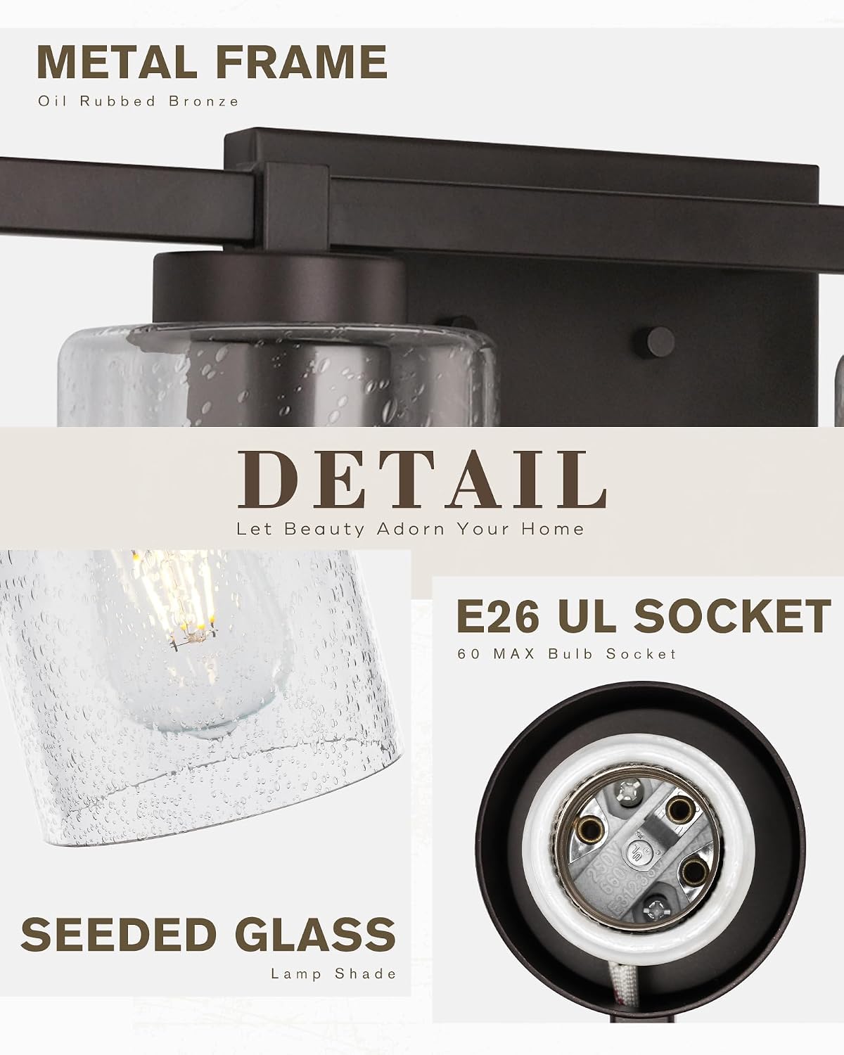 Beionxii Bathroom Vanity Lights, 4-Light Vintage Wall Sconce Light Fixtures, Oil Rubbed Bronze Finish with Clear Seeded Glass - MB9002 Series