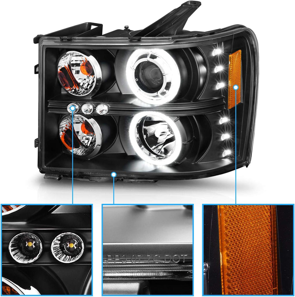 AmeriLite for 2007-2014 GMC Sierra 1500 2500 3500 Dual Xtreme LED Halo Rings Projector Black Replacement Headlight Assembly Set - Driver and Passenger Side
