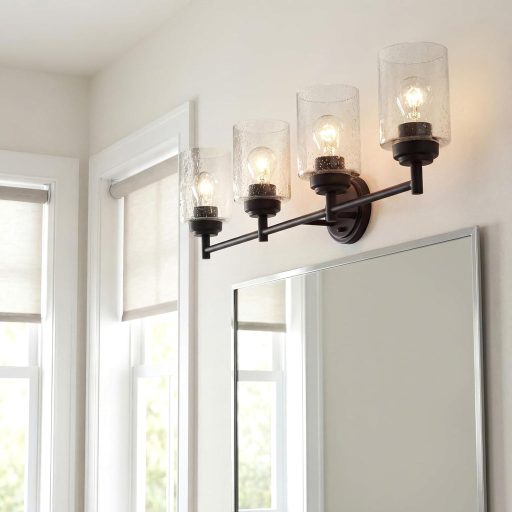Kichler Winslow 30' Vanity Light in Olde Bronze®, 4-Light Transitional Bathroom Light with Clear Seeded Glass. (30' W x 9.25' H), 45887OZ