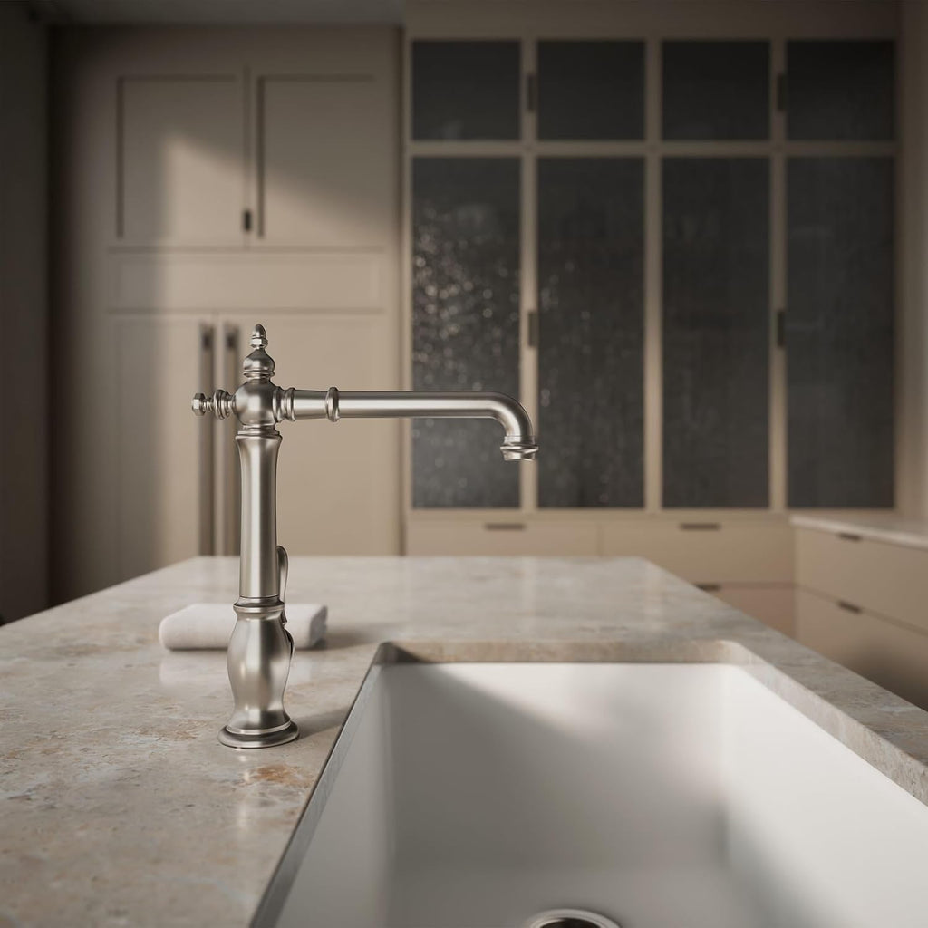 KOHLER K-99266-VS Artifacts Single-Hole Kitchen Sink Faucet with 13-1/2 In. Swing Spout and Victorian Spout Design, Vibrant Stainless