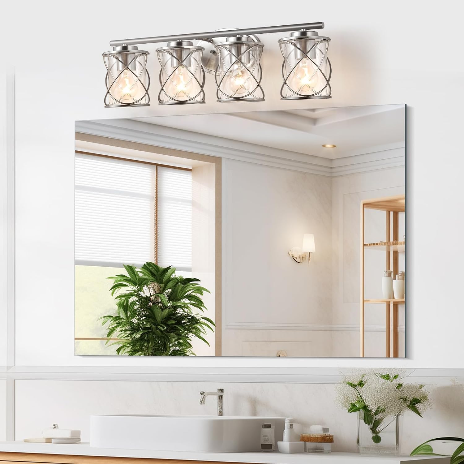 mavcadonf 4-Lights Bathroom Vanity Lights, Bathroom Light Fixtures Over Mirror, Brushed Nickel Vanity Light, Farmhouse Wall Lights with Clear Glass Shade, Bathroom Wall Lamp for Mirror Kitchen Bedroom