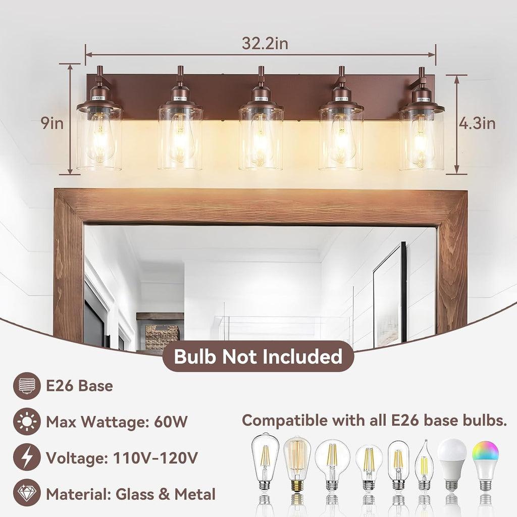 Lanhall 5-Light Bronze Bathroom Light Fixtures Over Mirror,Modern Bathroom Vanity Light with Clear Glass Shade, Wall Sconce for Bathroom Hallway Cabinet Bedroom Kitchen Living Room Foyer E26 Base