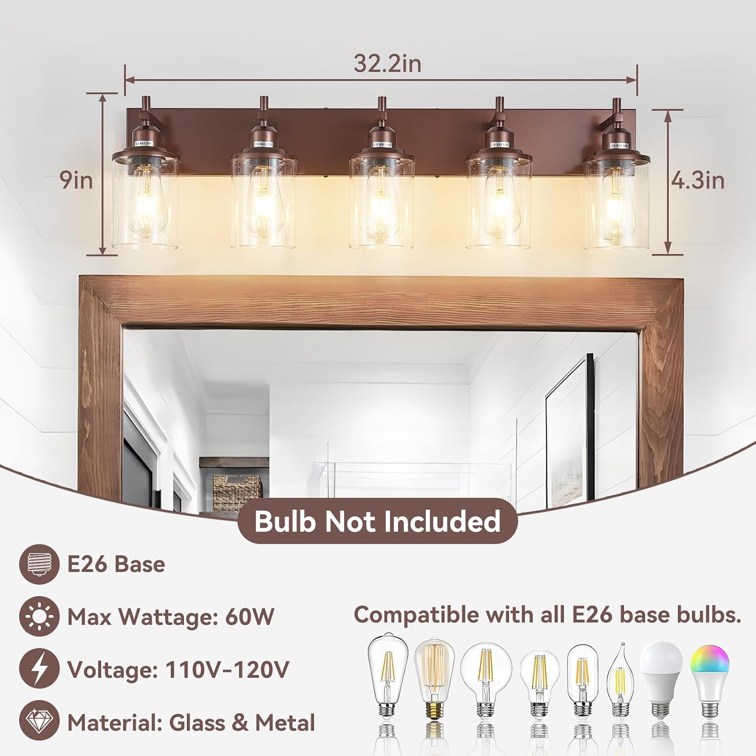 Lanhall 5-Light Bronze Bathroom Light Fixtures Over Mirror,Modern Bathroom Vanity Light with Clear Glass Shade, Wall Sconce for Bathroom Hallway Cabinet Bedroom Kitchen Living Room Foyer E26 Base