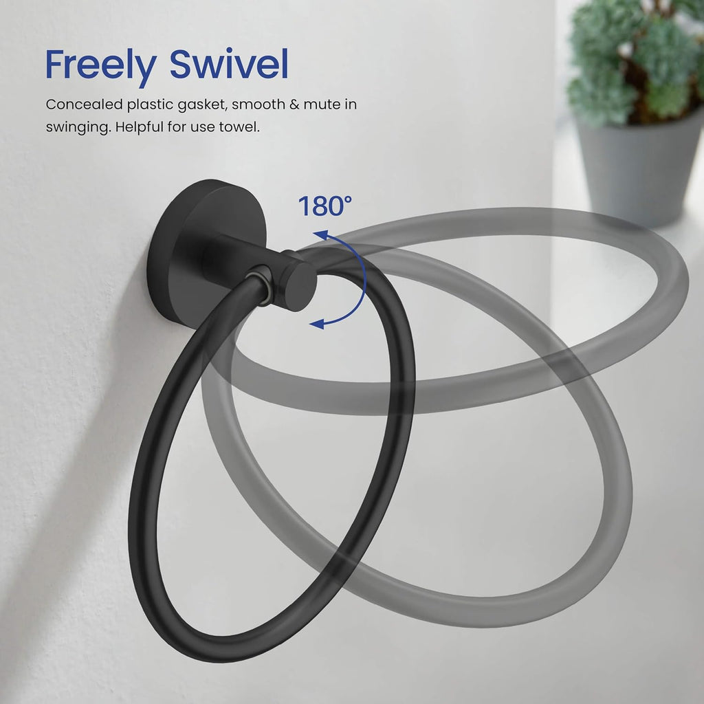 KIBI Circular Bathroom Hardware Set 5-Piece | 24' Towel Bar, Towel Ring, Toilet Paper Holder, 2 Robe Hooks | Wall-Mounted Solid Brass Bathroom Accessories | Matte Black, C-KBA14-5-1