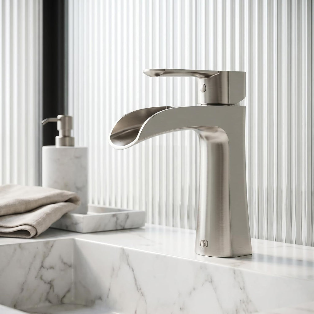 VIGO Paloma Waterfall Single-Handle Single-Hole Mount Bathroom Sink Faucet, 7-Inch, Brushed Nickel, Modern Design, Solid Brass, 1.2 GPM WaterSense & Ceramic Disc Valve, Corrosion-Resistant - VG01041BN