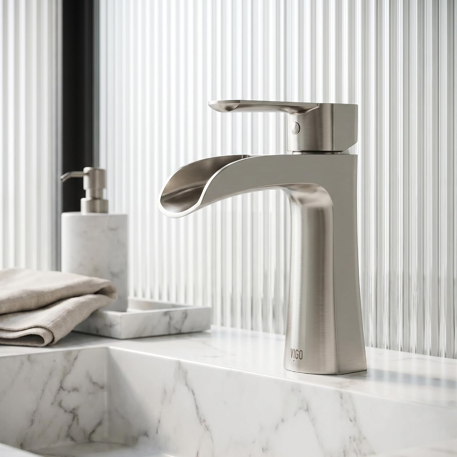 VIGO Paloma Waterfall Single-Handle Single-Hole Mount Bathroom Sink Faucet, 7-Inch, Brushed Nickel, Modern Design, Solid Brass, 1.2 GPM WaterSense & Ceramic Disc Valve, Corrosion-Resistant - VG01041BN