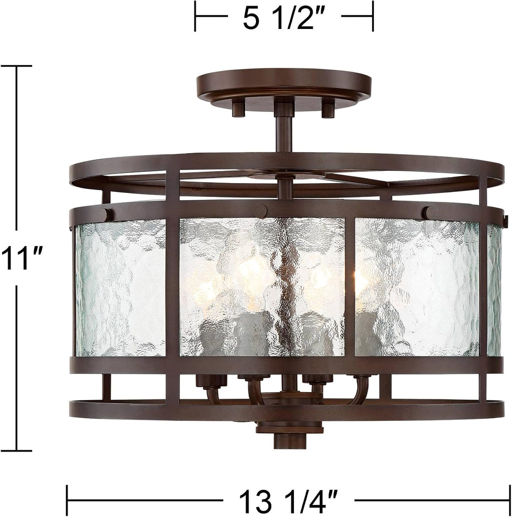 Franklin Iron Works Elwood Finish Rustic Industrial Ceiling Light Semi-Flush Mount Fixture Oil Rubbed Bronze 13 1/4' Wide Water Glass Drum for Cottage Core House Bedroom Hallway Living Room Bathroom