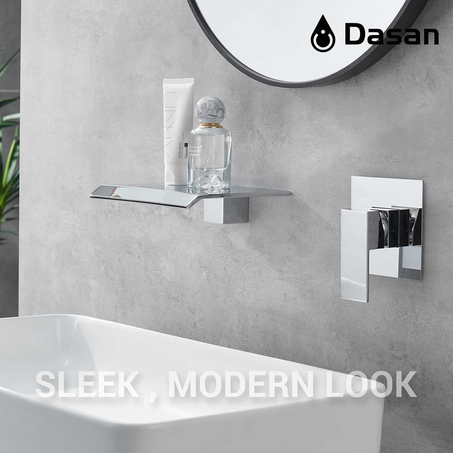 DASAN Wall Mount Waterfall Bathroom Faucet Polished Chrome in Wall Sink Faucet, Single Handle Wall Mounted Modern Faucet for Bathroom with Upgraded Rough in Valve, DA-TFD3CH-NH