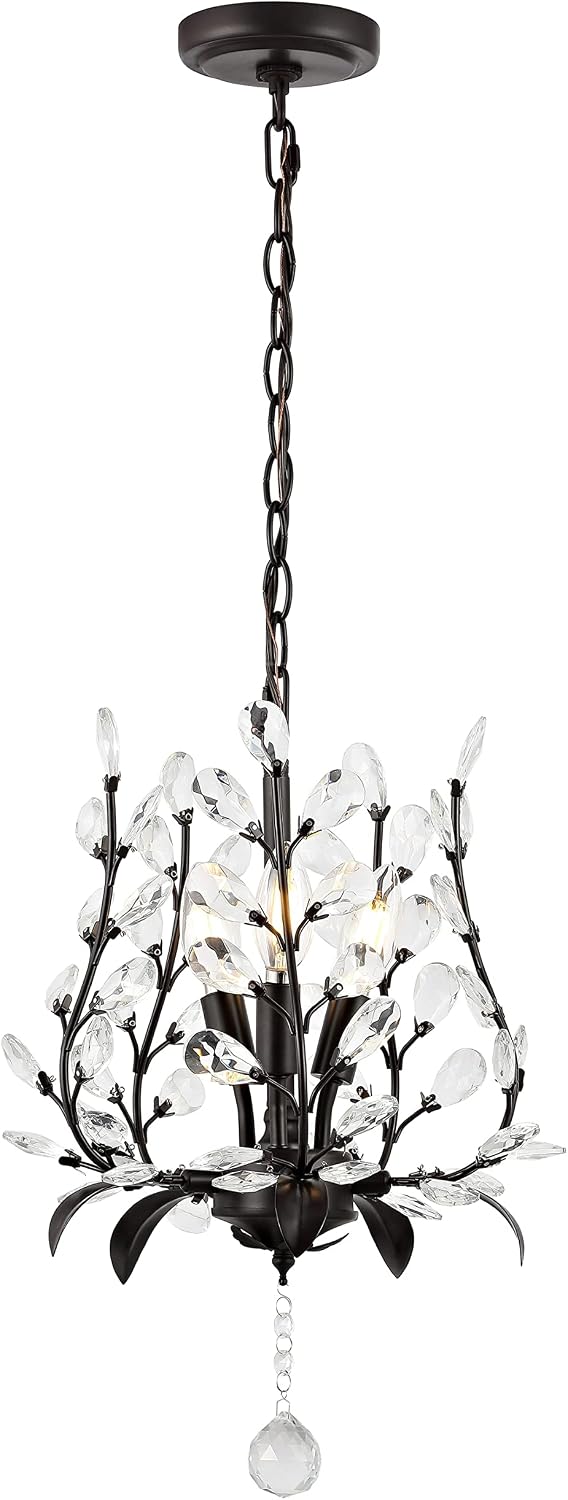 JONATHAN Y 12' Oil Rubbed Bronze 3-Light Bohemian Pendant Light, Vintage LED Branch Ceiling Fixture for Kitchen Island Bedroom Bathroom, Clear Acrylic Crystals JYL9551A