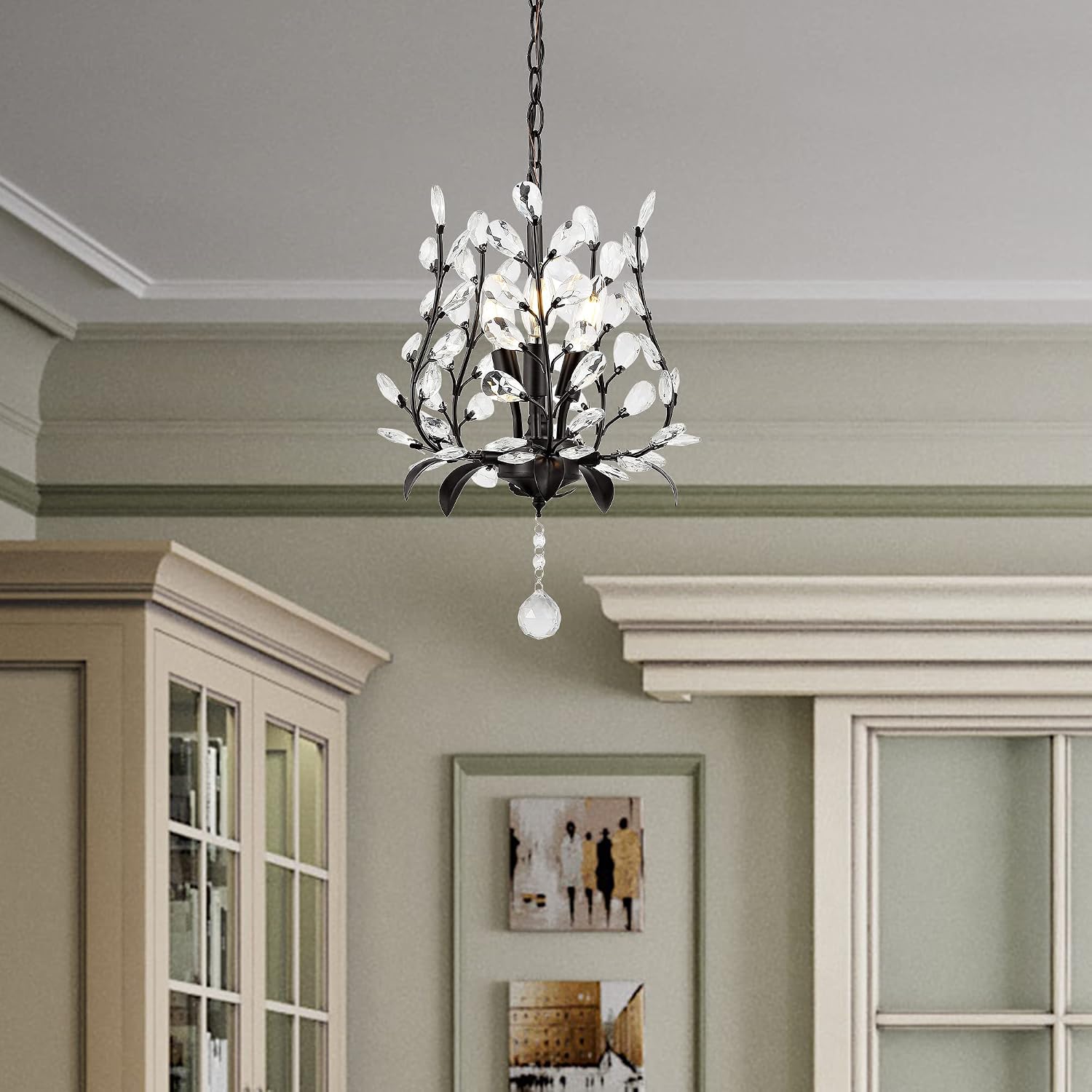 JONATHAN Y 12' Oil Rubbed Bronze 3-Light Bohemian Pendant Light, Vintage LED Branch Ceiling Fixture for Kitchen Island Bedroom Bathroom, Clear Acrylic Crystals JYL9551A
